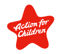 text logo comprising of  'Action for children' in white on red star background