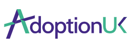 Logo of 'Adoption Uk' in purple and green text