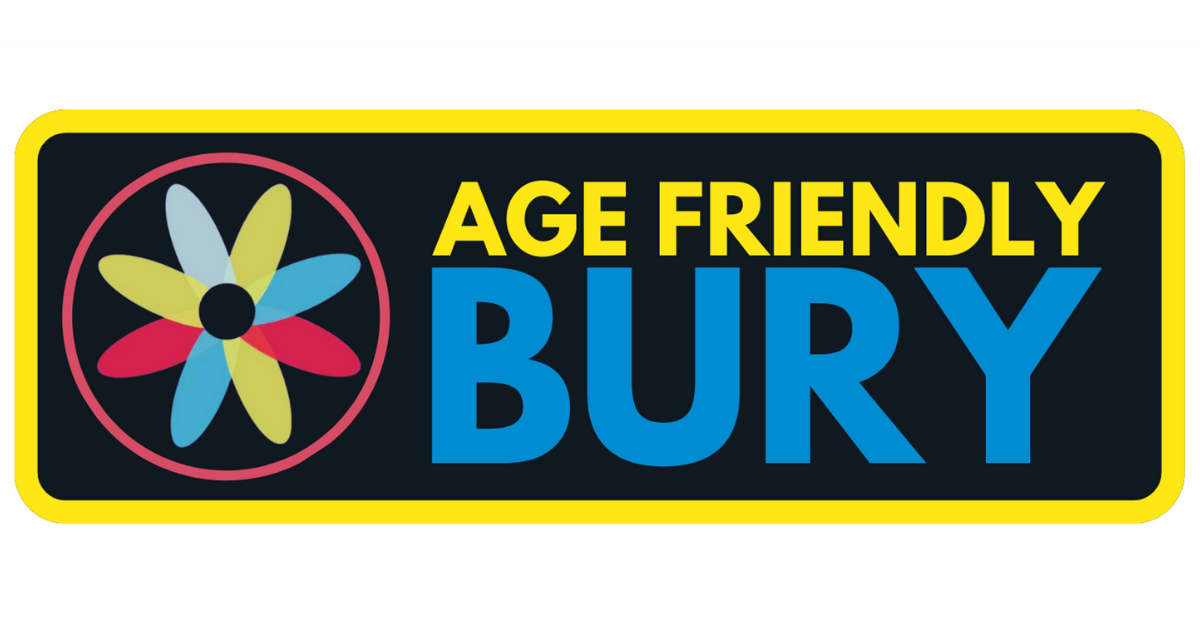 Bury's Age Friendly logo consisting of yellow and blue text and a symbol representing a petal on a black background and a yellow border