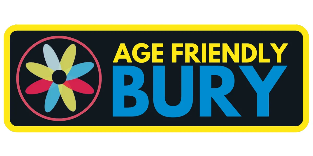 Bury's Age Friendly logo consisting of yellow and blue text and a symbol representing a petal on a black background and a yellow border