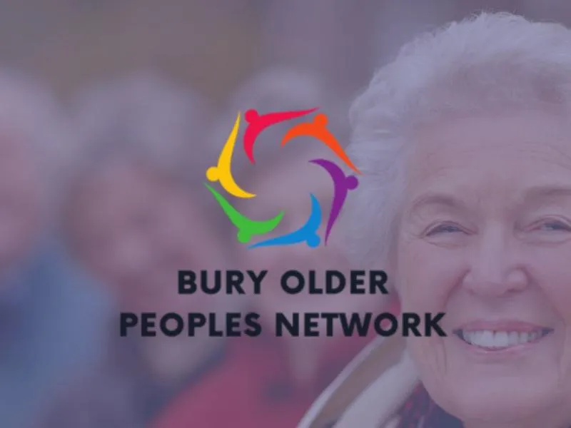 Bury Older Peoples Network logo overlaying an image of 4 older people.