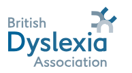 White box with British Dylexia association in blue writing