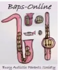 A cartoon illustration of musical instruments and the text 'Baps-Online' and 'Bury Autistic Parents Society'.