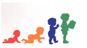 4 children in different colours from crawling to standing and reading a book