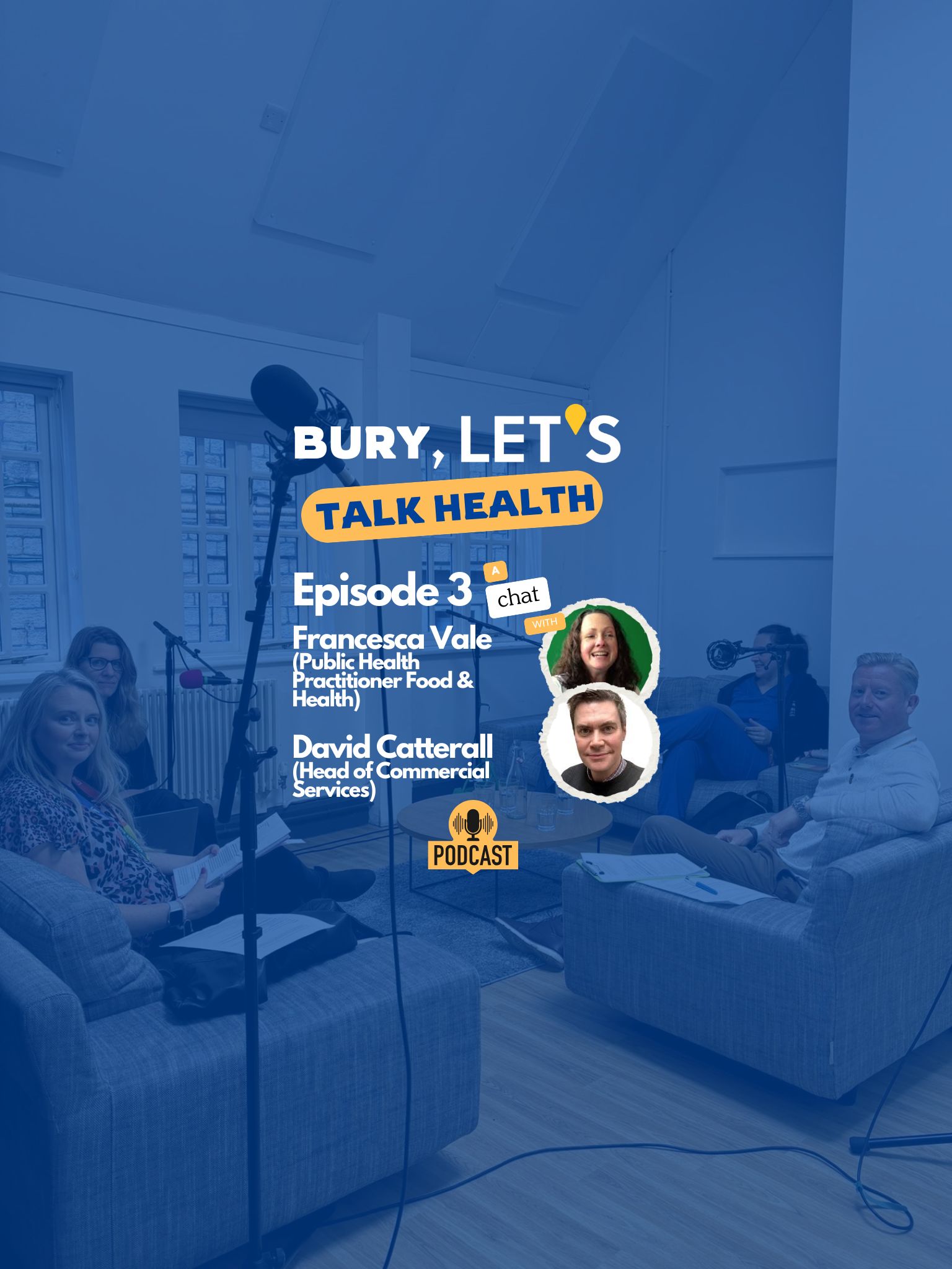 advert for Bury Let's Talk Health Podcast, Episode 3, with blur background and images of guests