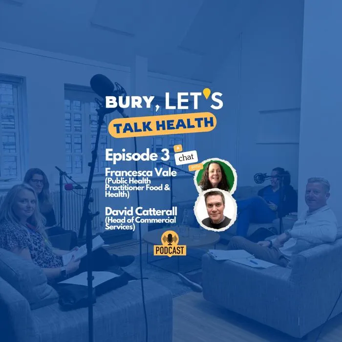 advert for Bury Let's Talk Health Podcast, Episode 3, with blur background and images of guests