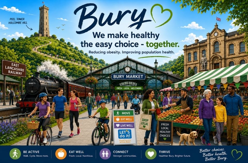 Bury health promotion graphic showing people being active, shopping at Bury Market, and the message “We make healthy the easy choice.