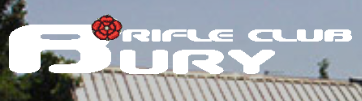 text logo of bury rifle club in white on blue background with red rose
