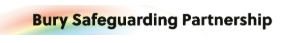 white box with multicoloured background with Bury safeguarding partnership in black lettering 