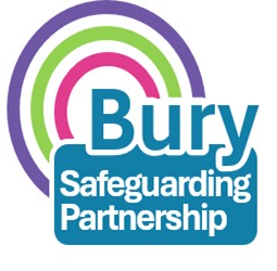 Bury safeguarding partnership logo comprising of wording in blue and different coloured circles 