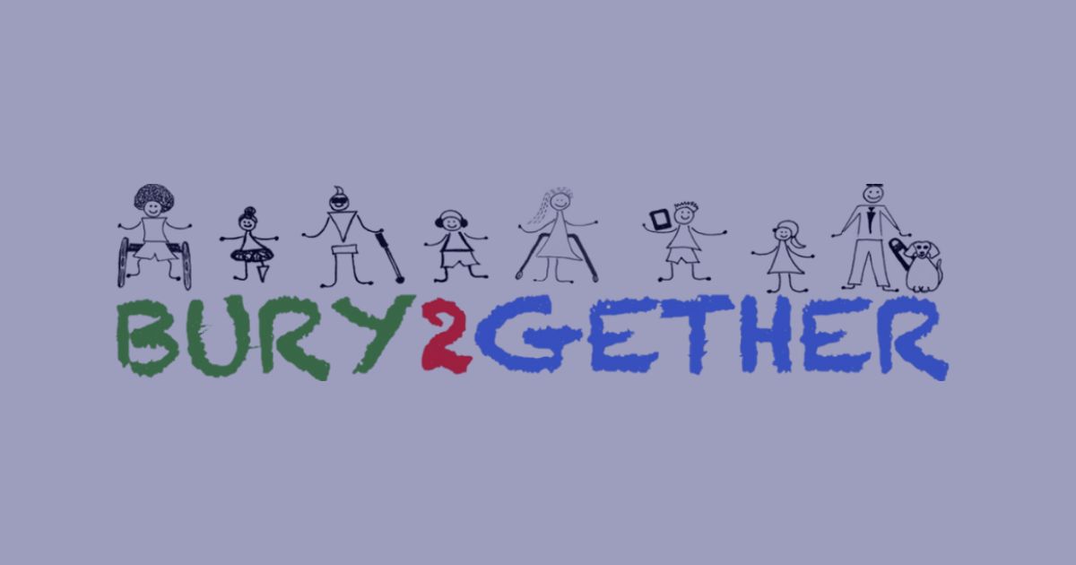 A row of simple stick-figure drawings representing diverse children and adults, some with disabilities, above the colorful text "BURY 2GETHER."