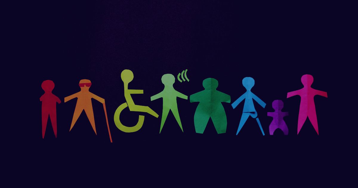 A row of colorful paper cut-out figures representing diverse people, including individuals with disabilities, on a dark background.