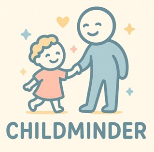 A cartoon of a person and a child holding hands on a cream background