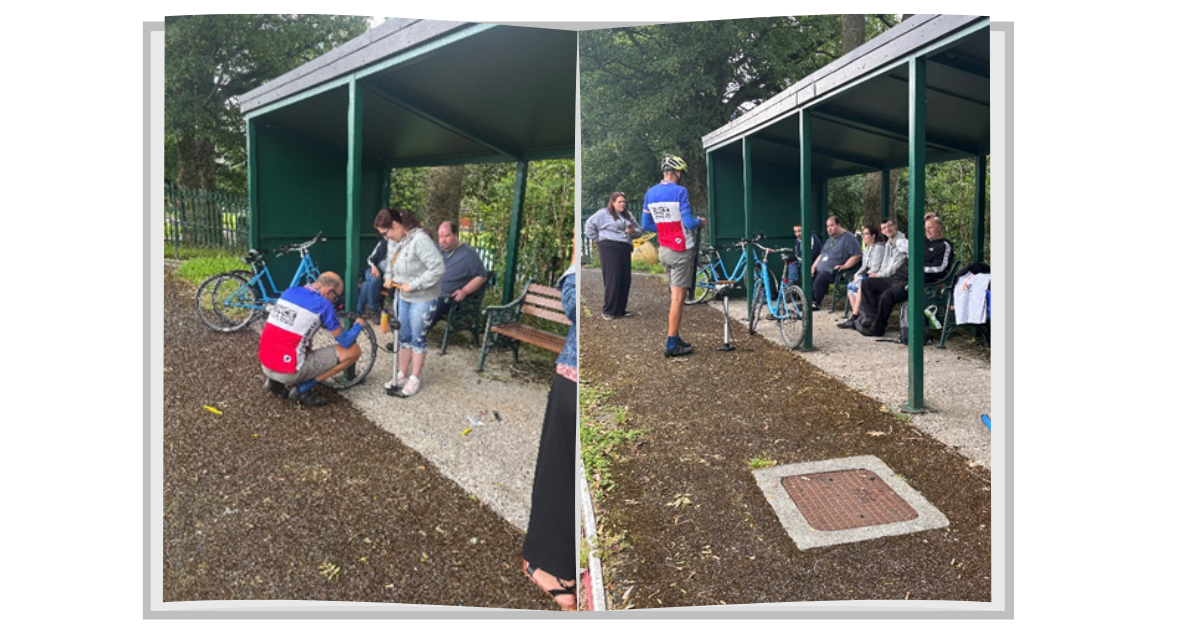 image consists of 2 different photographs of a cyclist with their bike, with a number of people watching on