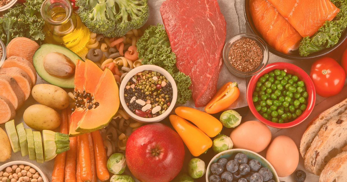 a selection of healthy foods, which can be incorporated in to a balanced diet, overlaid with a transparent orange filter