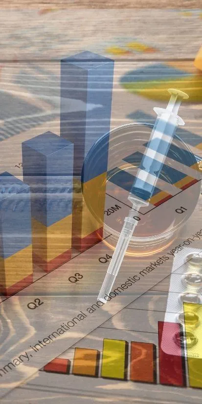 a glass of alcohol and a syringe overlaid with colourful graphs and charts