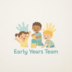 logo comprising of cartoon children playing with blocks on a cream background with Early Years Team in teal