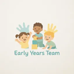 logo comprising of cartoon children playing with blocks on a cream background with Early Years Team in teal