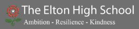 text logo of the elton high school in white on grey background with a red rose