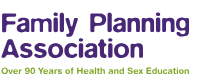 Text logo for Family Planning Association in purple on white background