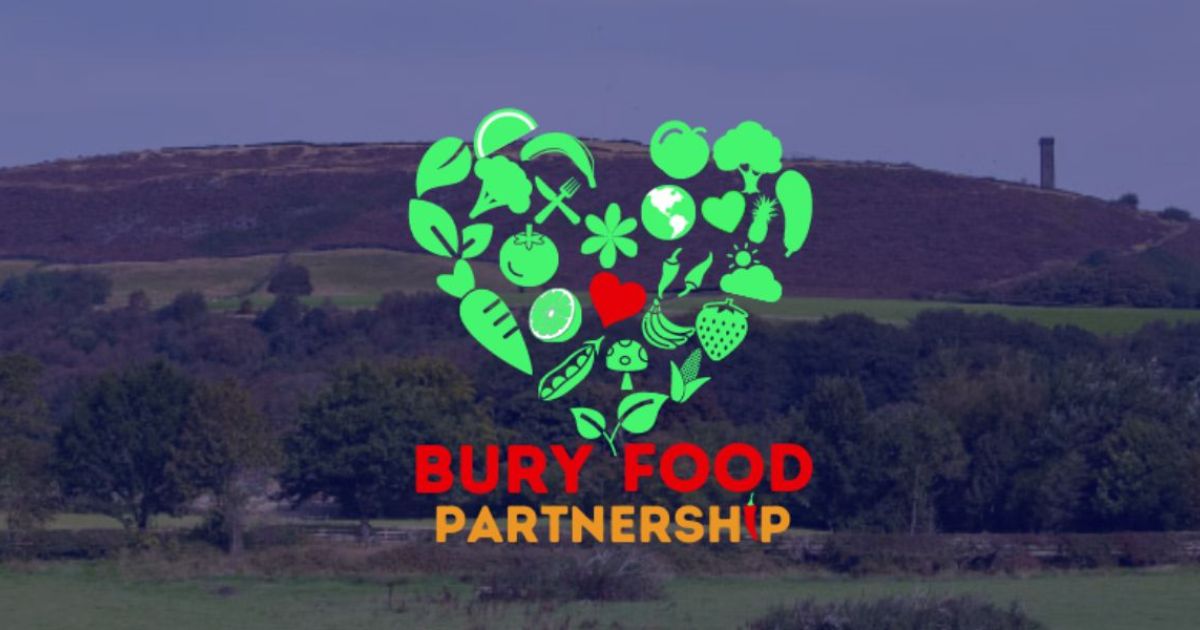 Peel Tower on top of Holcombe Hill overlaid with a transparent blue filter and Bury Food Partnership logo.