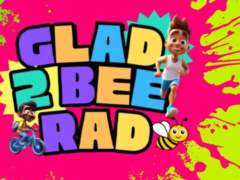 a vibrant colour splash overlaid with the glad 2 be rad logo