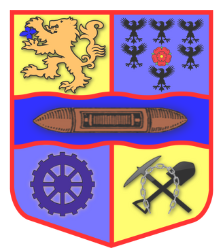 Haslingden high school logo of shield with lion, phoenix, wheel and crossed pick and spade in 4 different areas