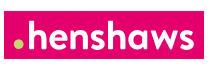 text logo comprising of henshaws in white on pink background