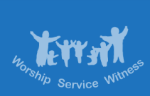 silhouette of people in white with  strapline of worship service witness on blue background
