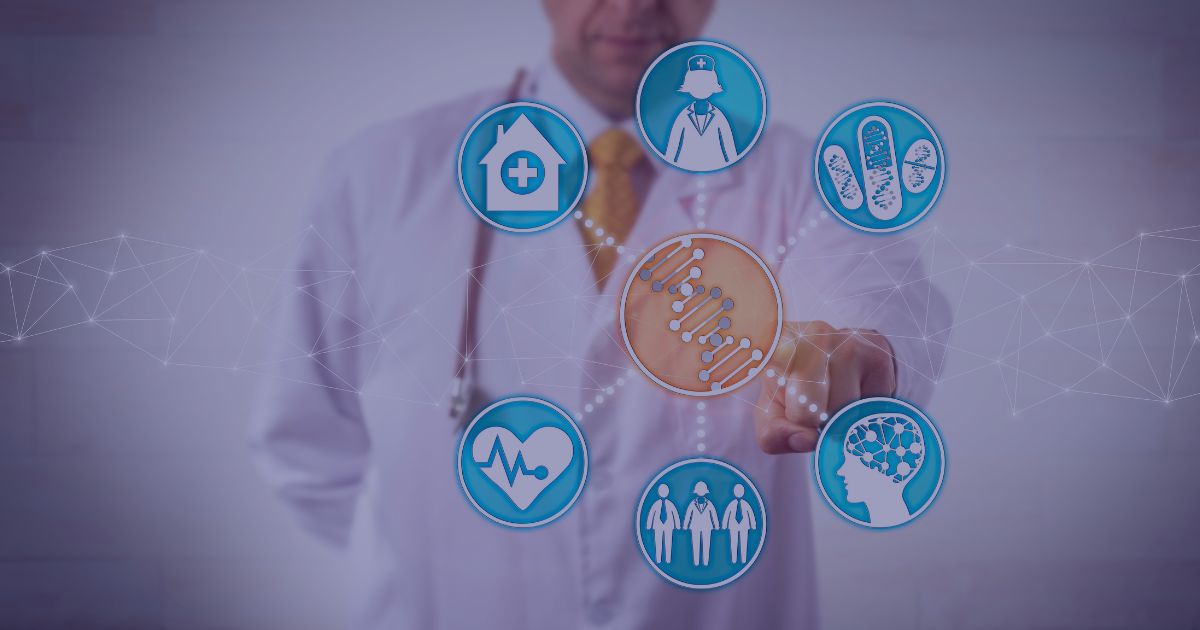 A doctor touching a virtual screen displaying interconnected healthcare icons, including DNA, heart, brain, medical staff, and home care symbols.