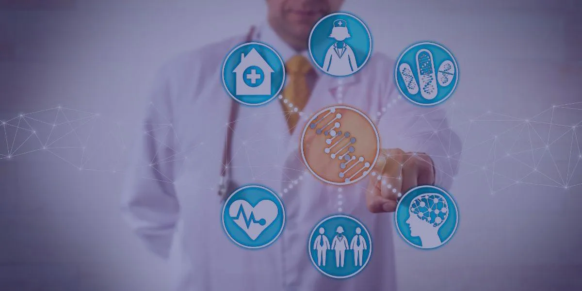 A doctor touching a virtual screen displaying interconnected healthcare icons, including DNA, heart, brain, medical staff, and home care symbols.