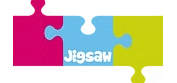 logo consisting of 3 interlocked pieces of jigsaw in different colours with Jigsaw in white on the middle piece