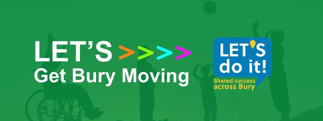 four people including someone in a wheelchair being active, overlaid with the Bury Let's Get Moving logo