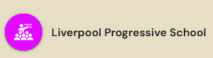text logo of liverpool progressive school in black on brown background