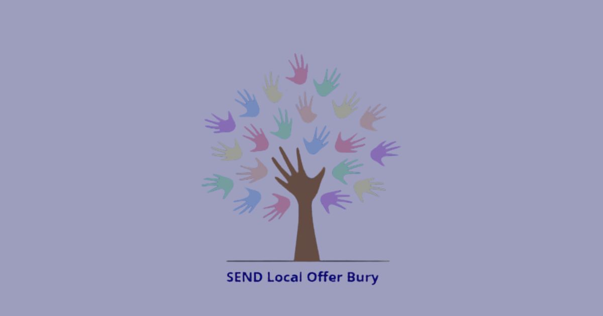 A graphic of a brown tree trunk with colorful handprints forming the tree's leaves, and the text "SEND Local Offer Bury" below.