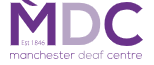 text logo comprising of MDC in purple with manchester deaf centre underneath on white background
