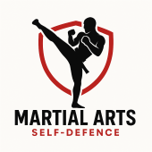 logo for martial arts and self defence in black and red depicting man kicking in martial arts pose in red shield