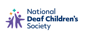 text logo with national deaf children's society in blue on white background