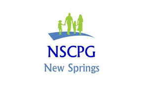 logo for new spring community group in blue with image of people in green on white background