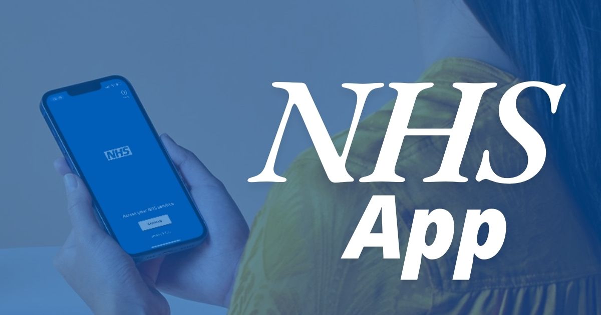 a woman loading the NHS app on her smartphone, alongside the words NHS App