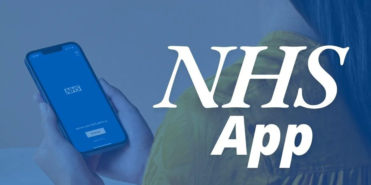a woman using the NHS App on her smart phone, with the words NHS in large, bold, white letters next to the image