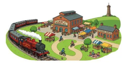 cartoon graphic of Bury including the market and railway