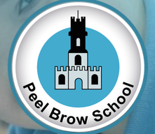 peel brow school logo of tower in blue circle surrounded by school name