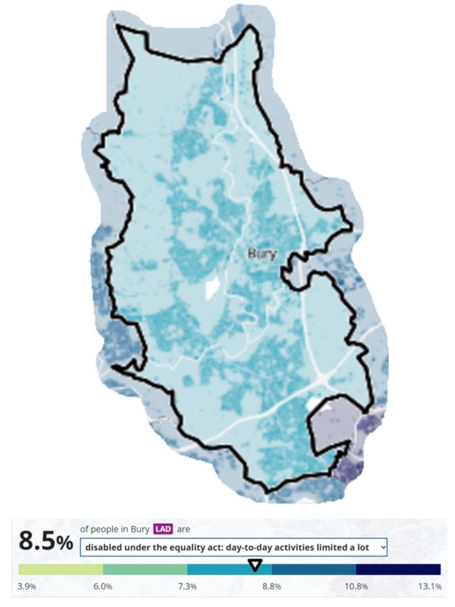 heat map of Bury showing the percentage of people in Bury disabled under the equality act