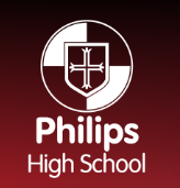 text logo with Philips high school in white on red background underneath a circle with a red & white cross