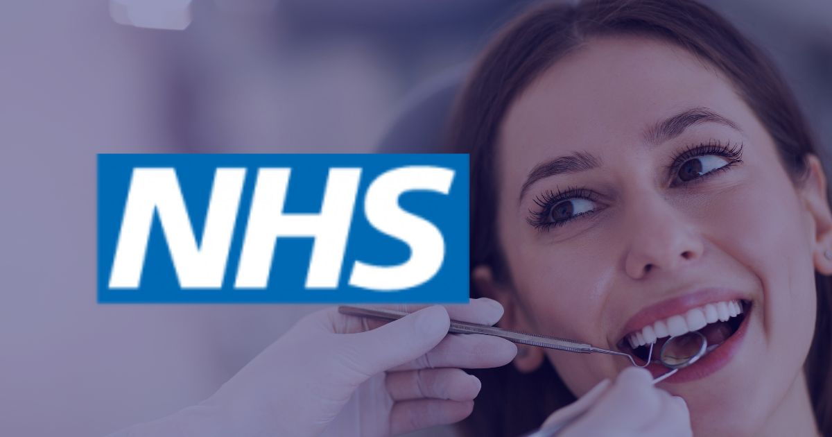a women seen to be smiling with her mouth open, as a dentist looks inside her mouth with dentistry equipment
