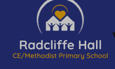 school name in white and gold under circle with heart and image of people with raised hands