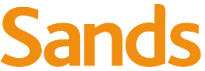 Text logo comprising of Sands in orange letters on white background
