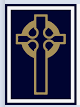 all hallows school logo comprising of black and gold cross on black background with white border