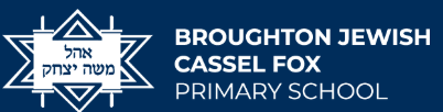 school logo comprising of Broughton Jewish Cassel Fox Primary School in white with a scroll on a blue background